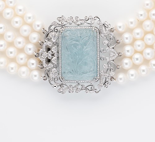 Lot 164 - A five row pearl necklace, with an aquamarine and diamond clasp