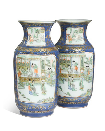 Lot 30 - A pair of Chinese famille verte and powder blue ground porcelain vases, Qing Dynasty, 19th century
