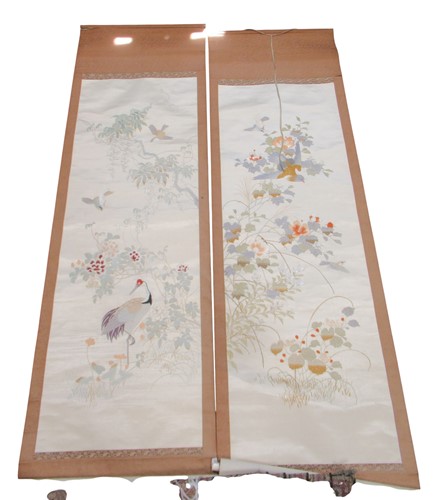 Lot 129 - Two Japanese silkwork bird-embroidered scroll...