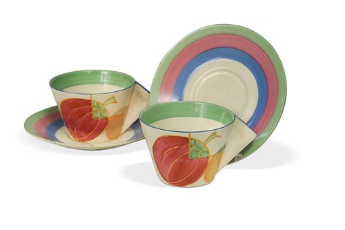 Lot 28 - Clarice Cliff Bizarre, a pair of 'Pastel Melon' conical cups and saucers