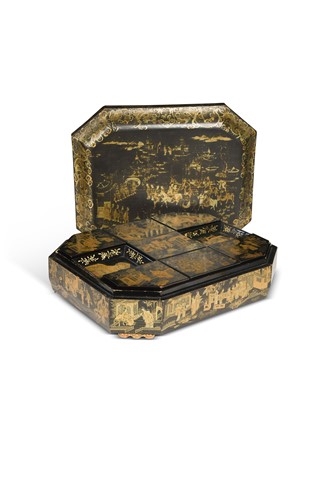 Lot 455 - A Chinese export gilt decorated black lacquer games box, 19th century