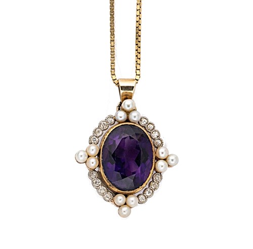 Lot 142 - An amethyst, diamond and pearl pendant and chain