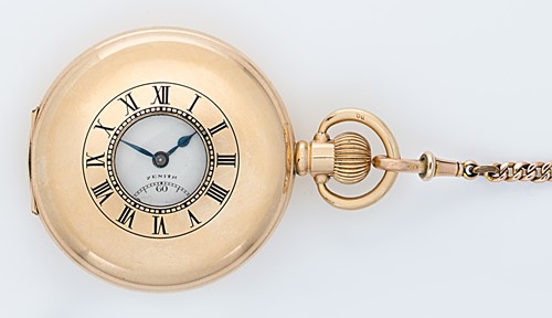 Lot 220 - Zenith for H. Chambers, Luton - A gold-plated half hunter pocket watch with a 9ct gold chain