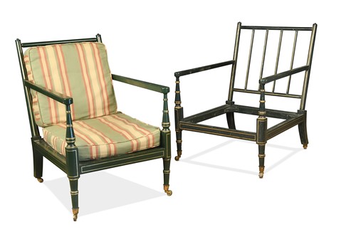 Lot 551 - A near pair of Regency style green and gold decorated armchairs