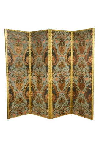 Lot 307 - An embossed Spanish hand painted leather four fold screen, 19th century