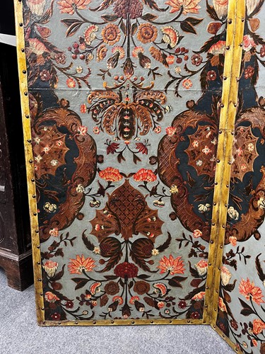 Lot 307 - An embossed Spanish hand painted leather four fold screen, 19th century