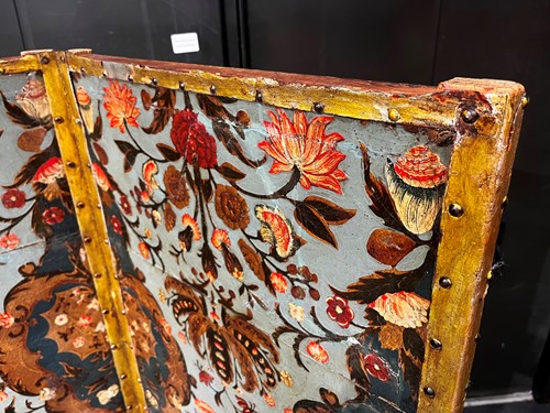 Lot 307 - An embossed Spanish hand painted leather four fold screen, 19th century