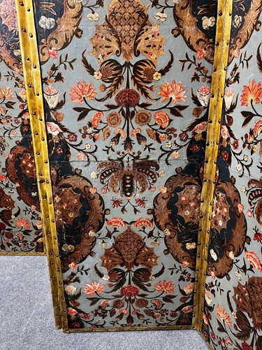 Lot 307 - An embossed Spanish hand painted leather four fold screen, 19th century