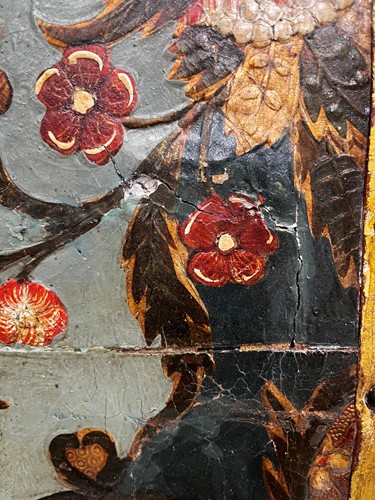 Lot 307 - An embossed Spanish hand painted leather four fold screen, 19th century