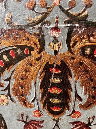 Lot 307 - An embossed Spanish hand painted leather four fold screen, 19th century