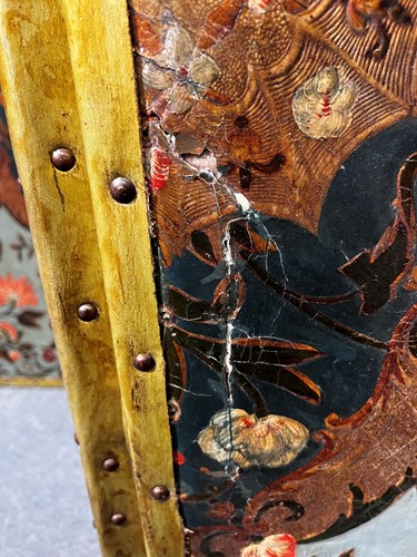 Lot 307 - An embossed Spanish hand painted leather four fold screen, 19th century