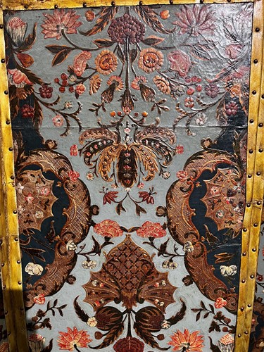Lot 307 - An embossed Spanish hand painted leather four fold screen, 19th century