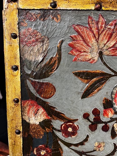Lot 307 - An embossed Spanish hand painted leather four fold screen, 19th century