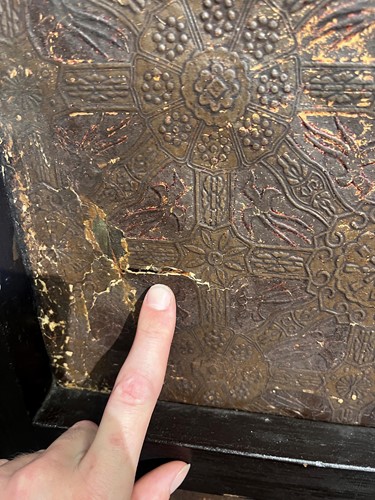 Lot 307 - An embossed Spanish hand painted leather four fold screen, 19th century
