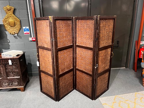 Lot 307 - An embossed Spanish hand painted leather four fold screen, 19th century