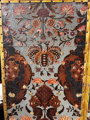 Lot 307 - An embossed Spanish hand painted leather four fold screen, 19th century