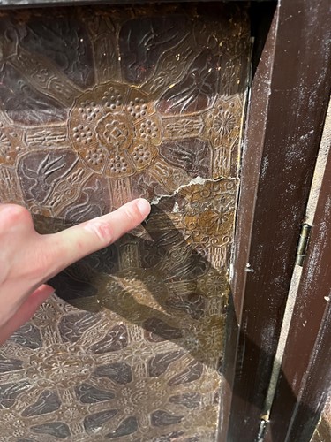 Lot 307 - An embossed Spanish hand painted leather four fold screen, 19th century