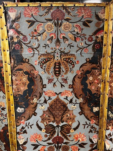 Lot 307 - An embossed Spanish hand painted leather four fold screen, 19th century