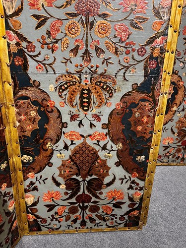 Lot 307 - An embossed Spanish hand painted leather four fold screen, 19th century