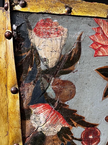 Lot 307 - An embossed Spanish hand painted leather four fold screen, 19th century
