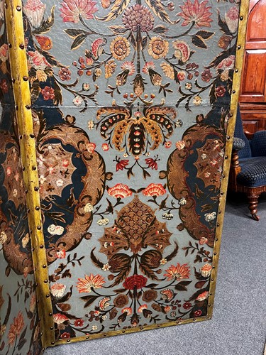 Lot 307 - An embossed Spanish hand painted leather four fold screen, 19th century