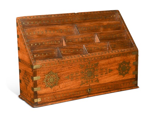 Lot 434 - A Hoshiapur brass inlay and hardwood letter rack, early 20th century
