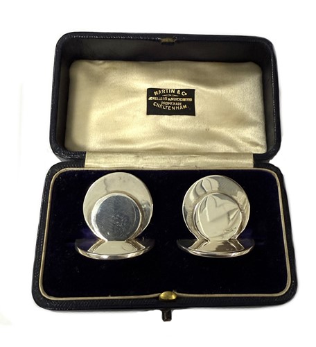 Lot 349 - A cased pair of silver menu holders, mark of Sampson Mordan
