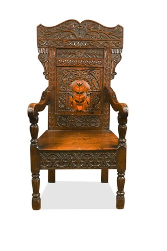 Lot 277 - A marquetry inlaid oak elbow chair, 17th century and later