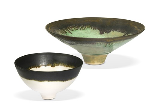 Lot 66 - In the manner of Lucie Rie, two unsigned studio pottery footed bowls