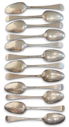 Lot 422 - A collection of twelve 18th century bottom marked silver tablespoons