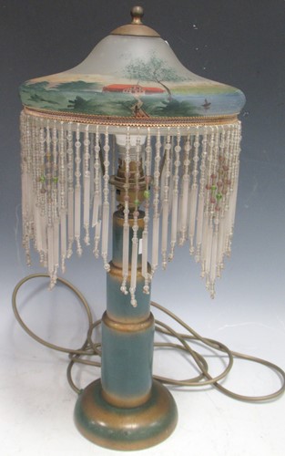 Lot 259 - A 1920s lamp with painted glass shade and...