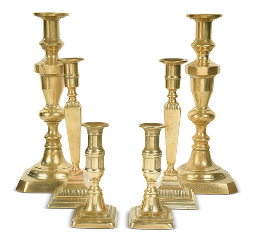Lot 315 - Three pairs of brass candlesticks, 19th century