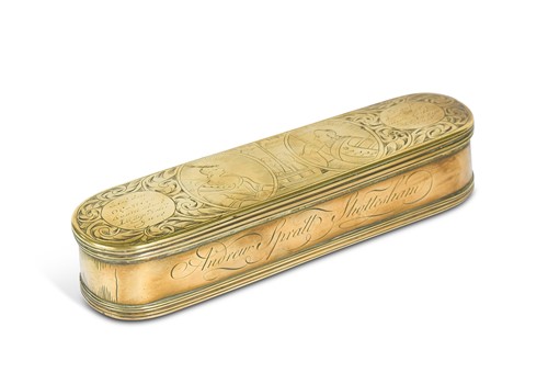 Lot 408 - A Dutch brass tobacco box, late 17th century
