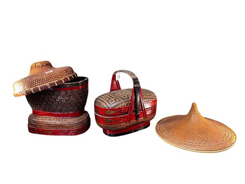 Lot 140 - Two Chinese straw hats, a Chinese wedding...