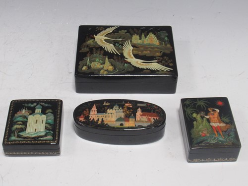 Lot 160 - Four Russian lacquer boxes of various shapes...