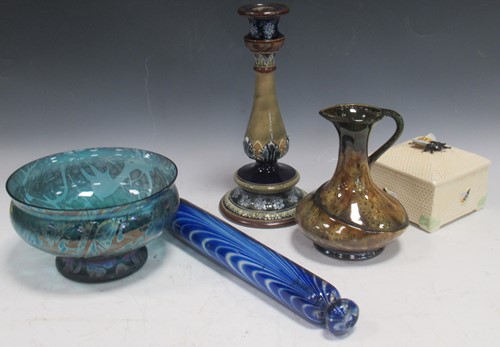 Lot 104 - A Doulton stoneware candlestick, a Crown Devon...