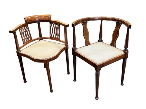 Lot 711 - Two Edwardian inlaid corner chairs, a 19th...