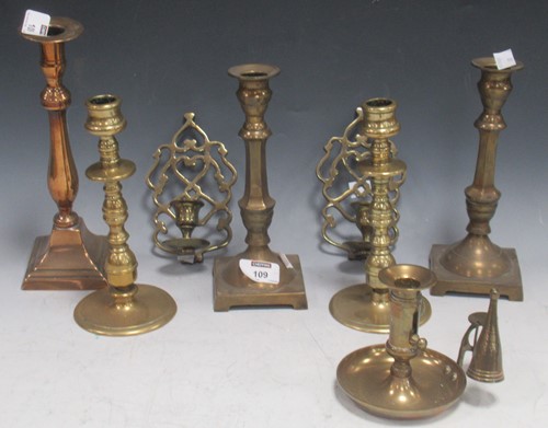 Lot 109 - Pair brass candlesticks with knopped stems...