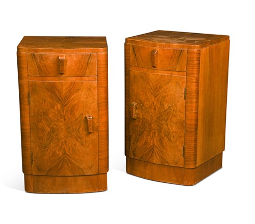 Lot 212 - A pair of Art Deco walnut bow fronted bedsides