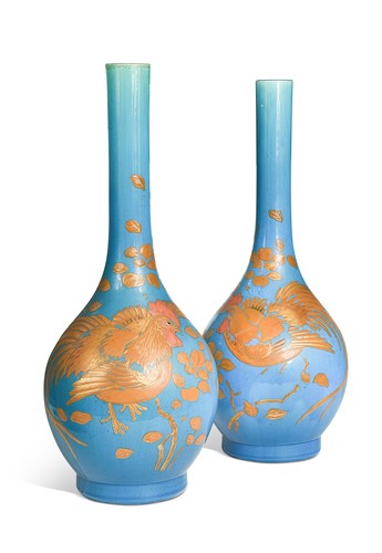 Lot 81 - A pair of Japanese blue glazed bottle vases, Meiji period, circa 1880