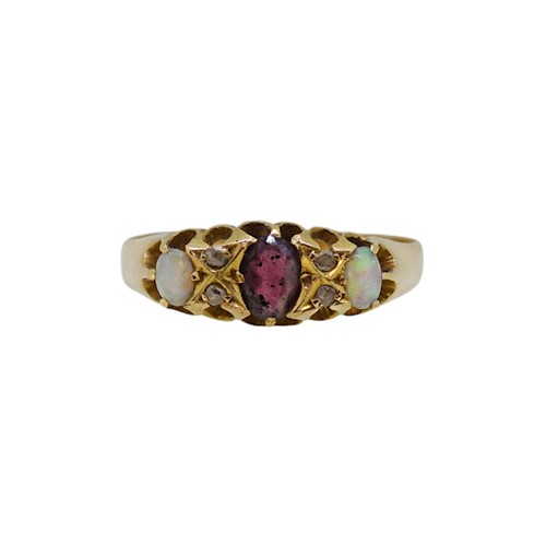 Lot 40 - An 18t gold garnet, opal and diamond ring