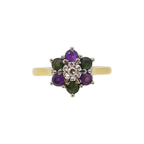 Lot 92 - An 18ct gold diamond, amethyst and emerald cluster ring