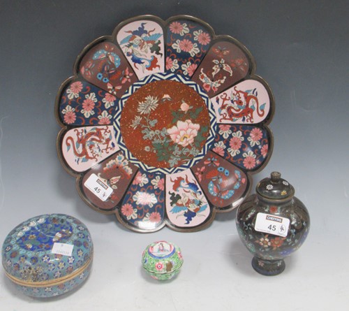 Lot 45 - A Japanese cloisonne charger, a Chinese blue...