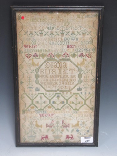 Lot 235 - An 18th century needlework sampler, worked by...