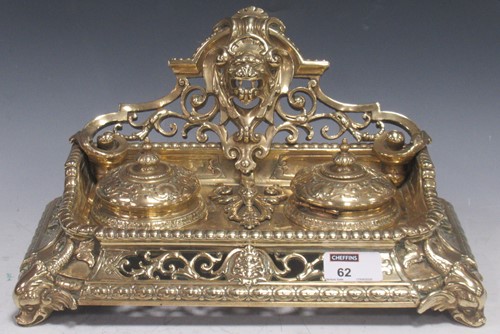 Lot 62 - A Victorian brass inkstand with pierced...