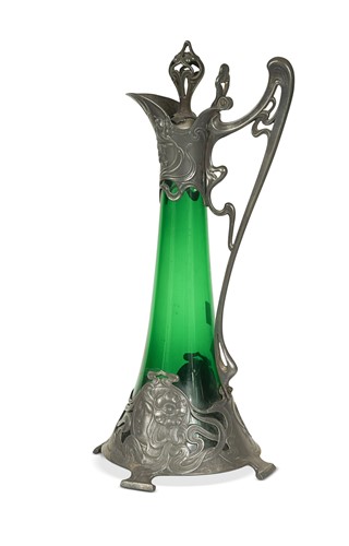Lot 109 - A WMF Art Nouveau pewter and green glass ewer and stopper