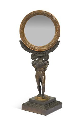 Lot 474 - A French Empire gilt and patinate bronze table mirror, 19th century
