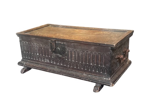 Lot 633 - A 17th century oak bible box, nulled carved...