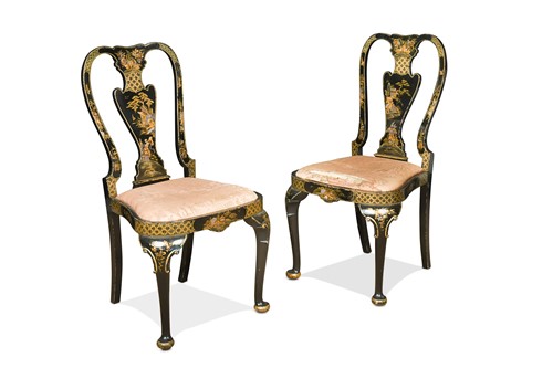 Lot 456 - A pair of Queen Anne style black lacquer side chairs, early 20th century