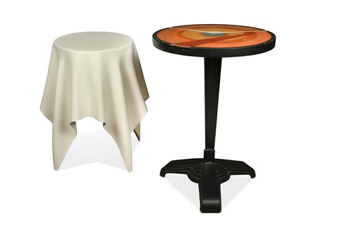 Lot 586 - A metal based table with painted top; together...